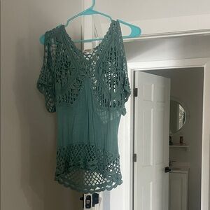 Chic Teal Crochet Women's Blouse Y2K